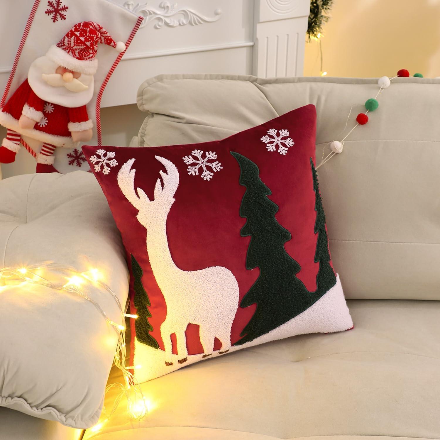 Christmas Red Velvet Reindeer and Trees 18x18 Pillow Covers