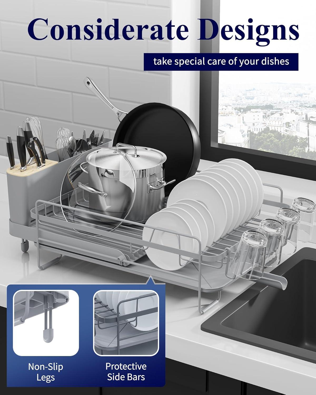 Kitsure Large Dish Drying Rack - Extendable Dish Rack, Multifunctional Dish Rack for Kitchen Counter, Anti-Rust Dish Drainers with Cutlery & Cup Holders 19.2"-26.7" L x 12.9" W, Grey