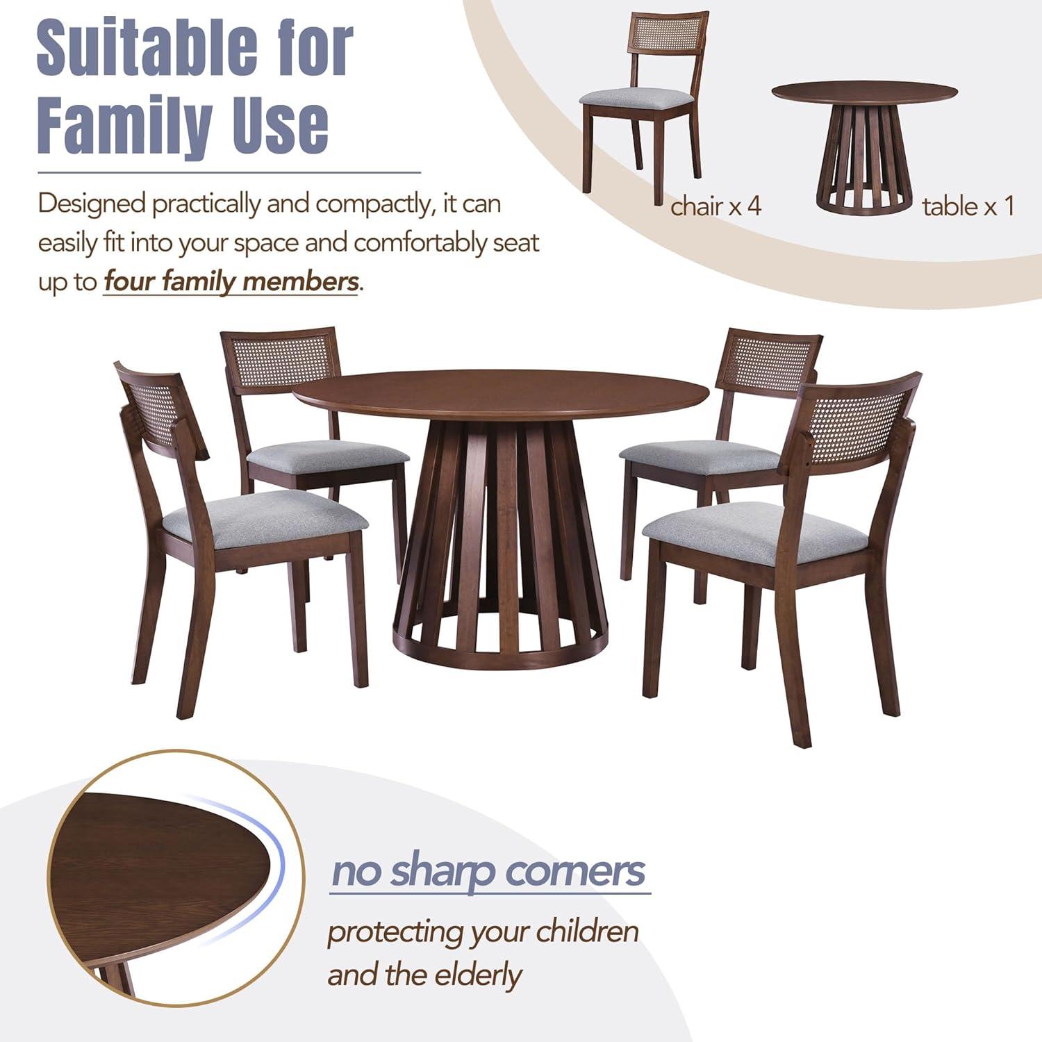 Walnut Round Dining Table Set with Rattan Backrest Chairs