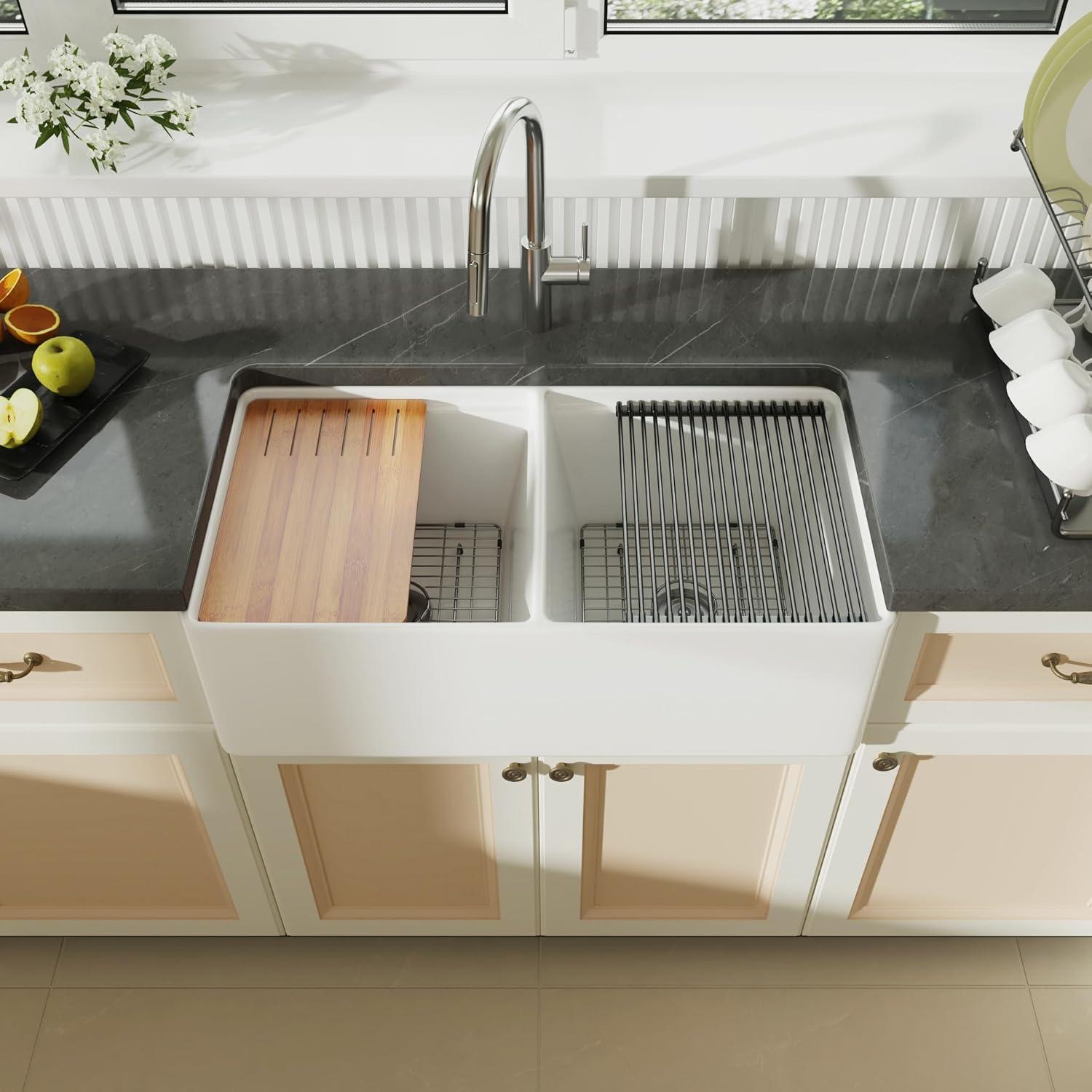 DeerValley 33" L X 20" W Double Basin Workstation Farmhouse Kitchen Sink With Sink Grid, Cutting Board And Dish-Drying Rack