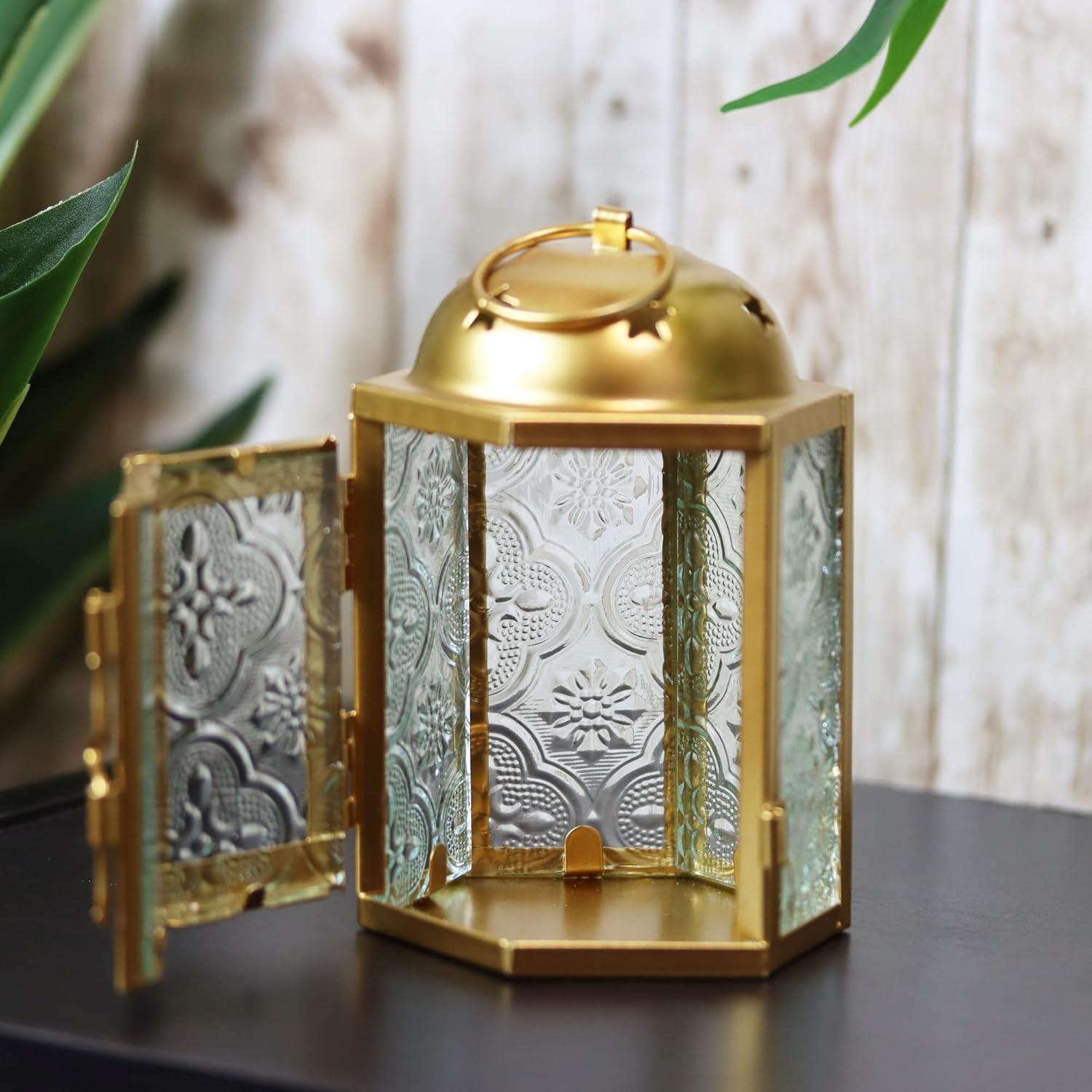 VELA LANTERNS Mini Moroccan Tea Light Candle Holder Lanterns – 4.25" Small Decorative Lantern for Table or Hanging, Metal with Glass Panels – Ramadan, Wedding, Home Decor, Gold (Set of 4)