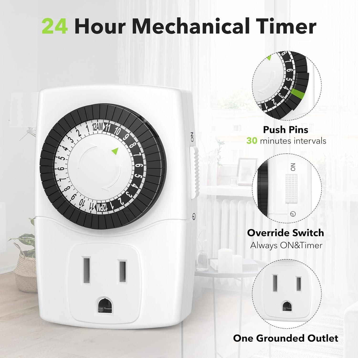 BN-LINK BND-60/U47 Indoor Mini 24-Hour Mechanical Outlet Timer, 3-Prong, 2-Pack