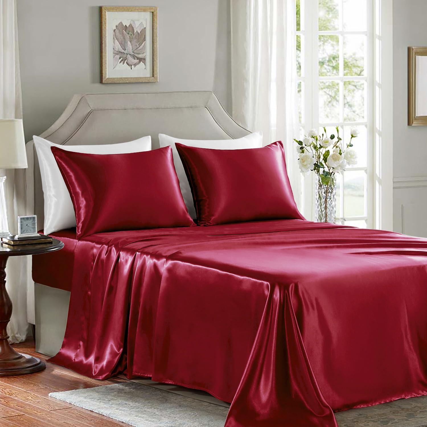 Cloud Fino Luxurious Satin Bed Sheets Burgundy Silk Sheets King 15 " Deep Pocket Pillowcases Sheet, 4-Piece