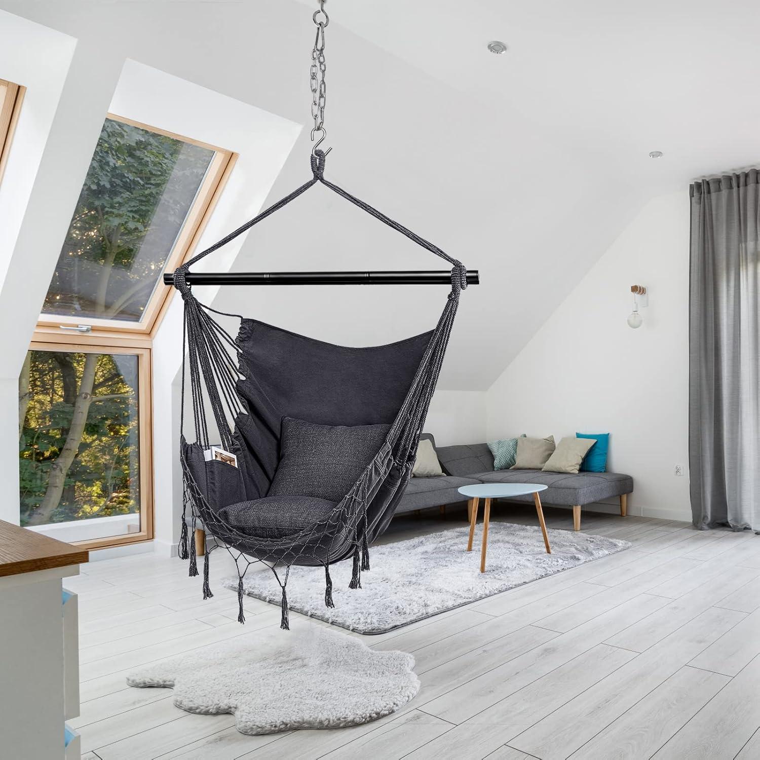 Jelofly Hammock Chair Large Hanging Rope Swing Seat Chair with Pocket Max 350 Lbs Superior Comfortable for Indoor Outdoor Home Bedroom Garden, Seat Cushions Not Included (Dark Grey)