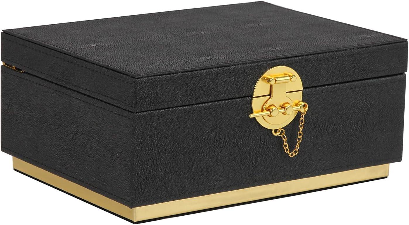 Elegant Black Faux Leather Rectangular Decorative Box with Gold Accents