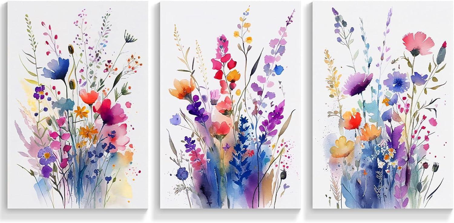 JRXY 3 Pcs Framed Watercolor Floral Botanical Canvas Wall Art Colorful Wildflower Plant Paintings Prints Posters 12x16 in