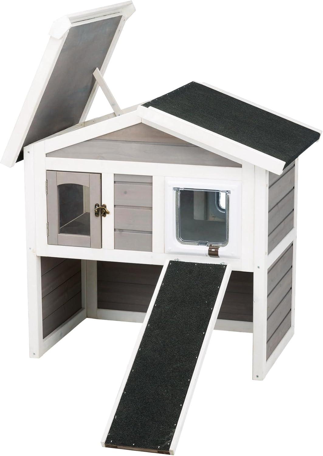 Gray and White 2-Story Insulated Outdoor Cat House with Ramp
