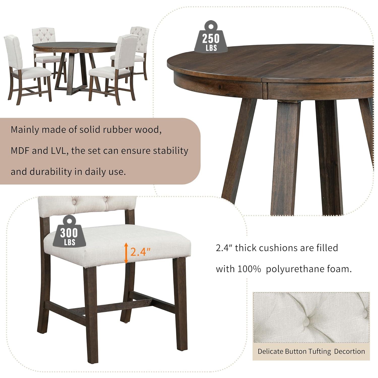 5 Piece Round Dining Table Set, TUANLUO Dining Room Set with Extendable Table and 4 Cushioned Chairs, Wood Dining Table Set for 4, Farmhouse Dining Table Set for Kitchen Dining Room, Walnut