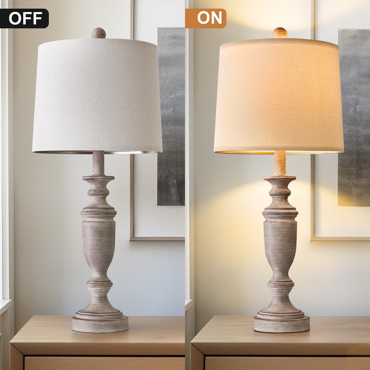 24.5" Beige Linen and Wood Tone Farmhouse Table Lamp Set