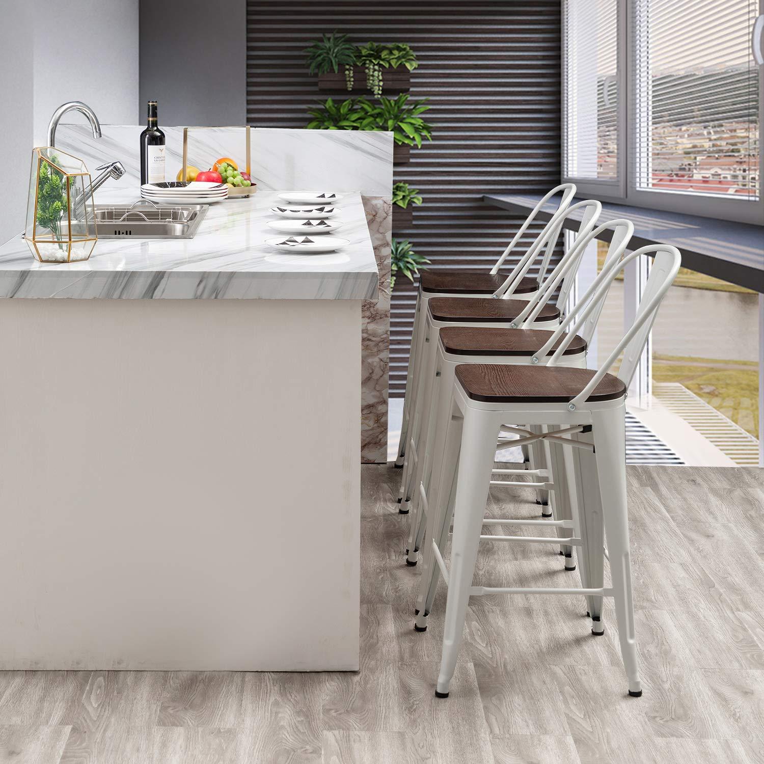 Aklaus Metal Bar Stools Set of 4,24 inch Barstools Counter Height Bar Stool with Back Farmhouse Bar Stools with Larger seat High Back Kitchen Dining Chairs Modern Bar Chairs White Cream Stool