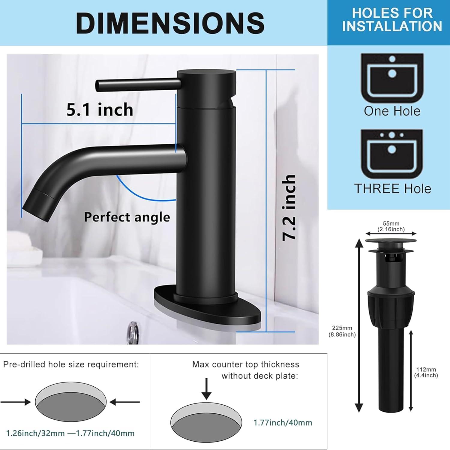 Matte Black Bathroom Faucet Black Bathroom Sink Faucet Single Handle Black Bathroom Faucet Modern Single Hole Faucet Bathroom with Pop-up Sink Drain Stopper & Deck Plate 1 or 3 Hole Bathroom Faucet