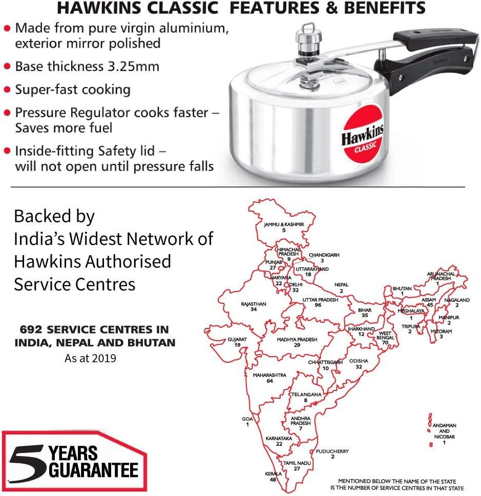 Hawkins Classic 2L Aluminum Pressure Cooker: Stovetop, Cool Touch Handle, Hand Wash, Silver, 1-Year Warranty