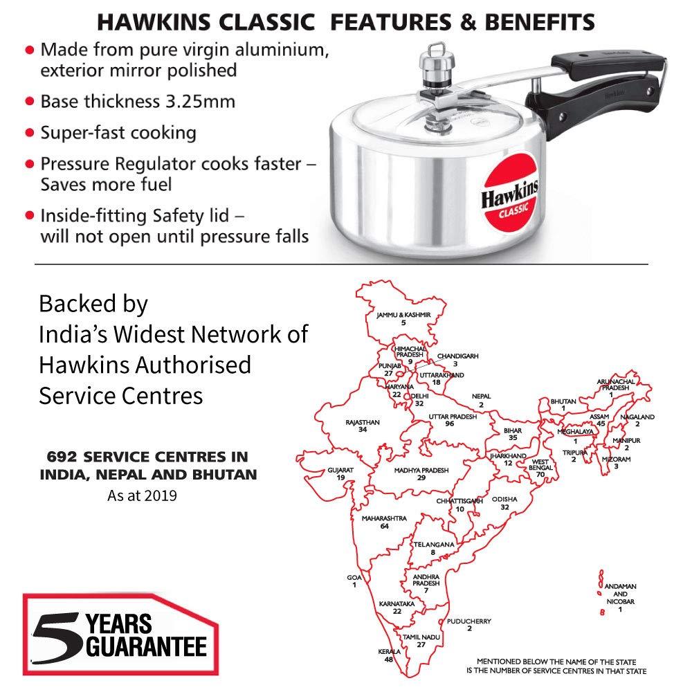 Hawkins Classic 2L Aluminum Pressure Cooker: Stovetop, Cool Touch Handle, Hand Wash, Silver, 1-Year Warranty
