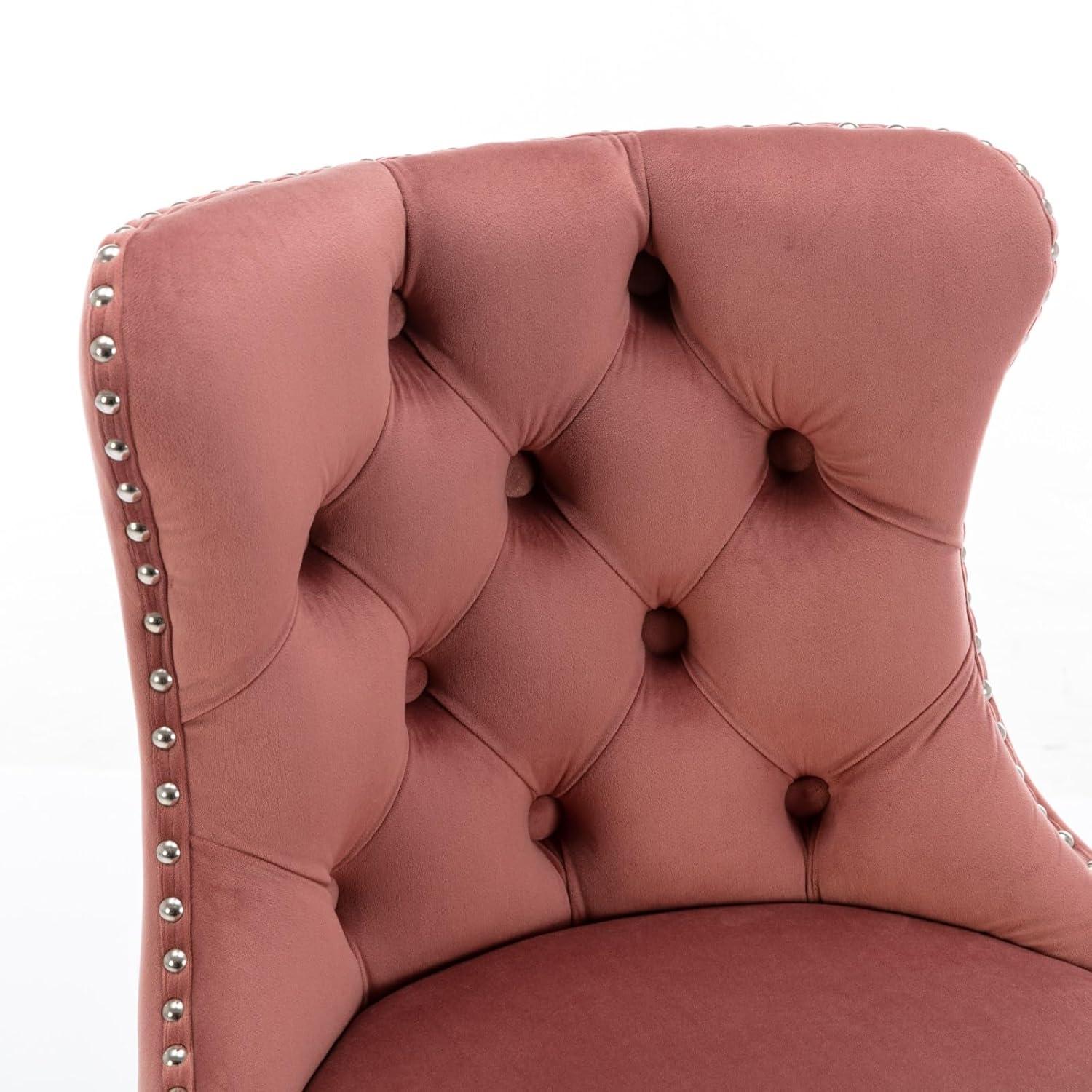 Swivel Bar Stools Set of 2, Adjustable Counter Height Barstools with Wing Back, Nailheads Trim and Silver Footrest, Velvet Button Tufted Upholstered Bar Chairs for Dining Room Kitchen Island, Pink