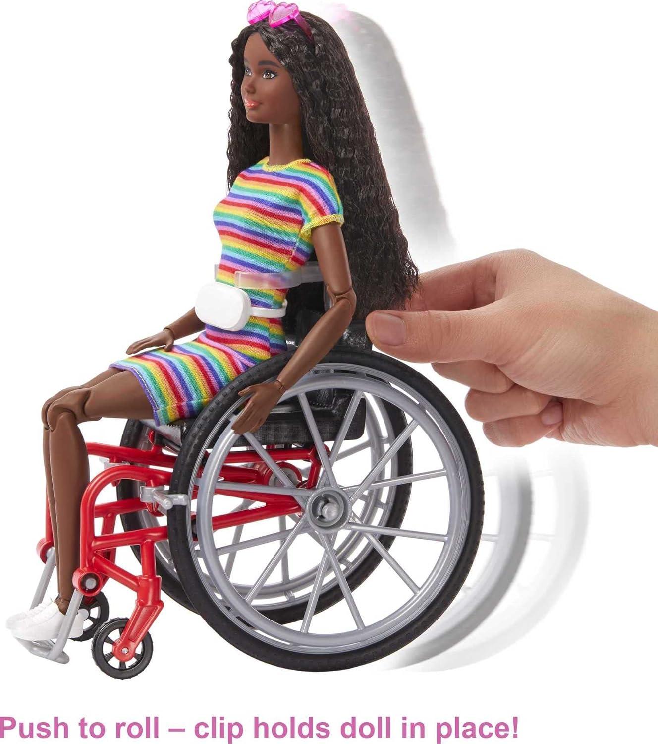 Fashion Doll with Wheelchair, Crimped Hair, and Rainbow Dress