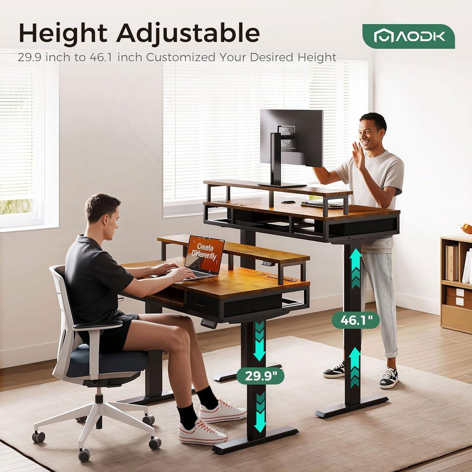 AODK Electric Standing Desk with Drawers & Keyboard Tray, 47 Inch Height Adjustable Small Gaming Desk with Power Outlets & LED Lights, Sit Stand Table with Monitor Stand for Home, Office, Rustic Brown