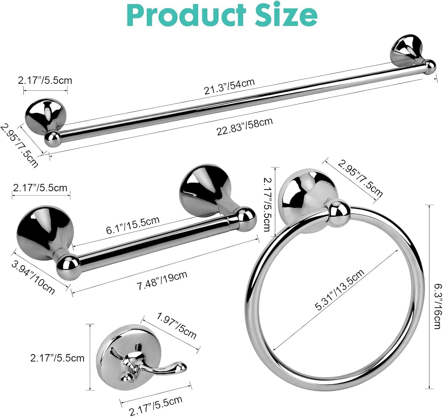 4-Piece Bathroom Hardware Accessory Set With 24" Towel Bar (Chrome Finish)