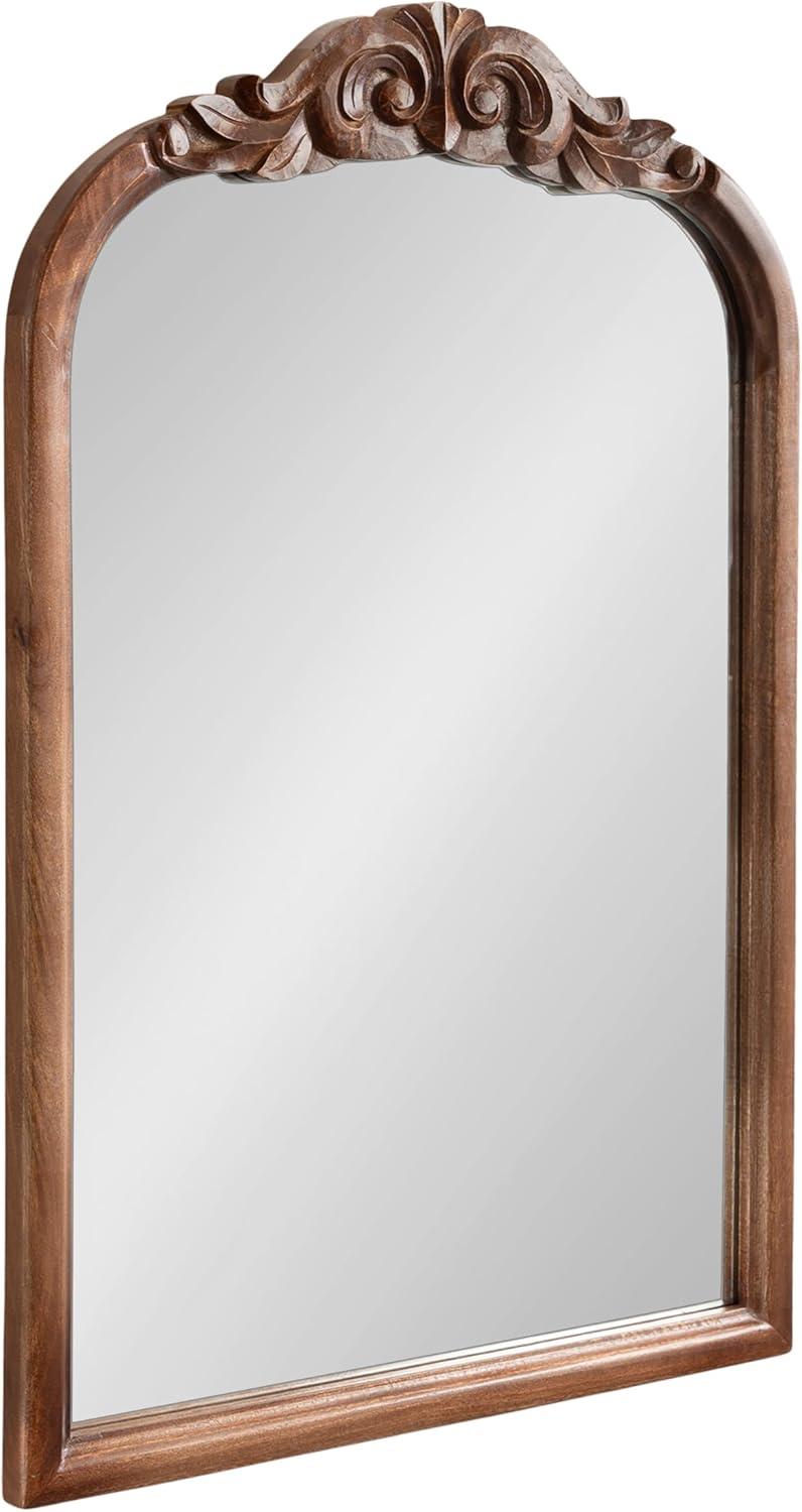 Kate And Laurel Arendahl Traditional Arch Wall Mirror, 24 x 36, Walnut Brown, Vintage Baroque-Inspired Wooden Arched Bathroom Mirror for Over Sink with Ornate Carved Crown