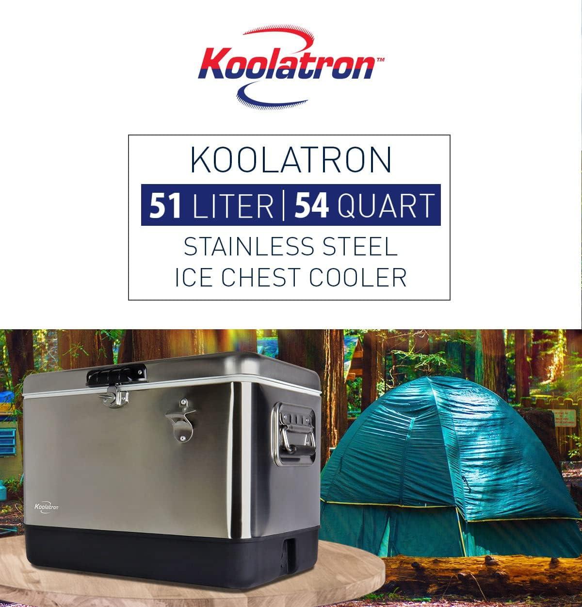 Koolatron Stainless Steel Ice Chest Beverage Cooler with Bottle Opener 51 L / 54 Quart 85 Can Capacity for Camping, Beach, RV, BBQs, Tailgating, Fishing