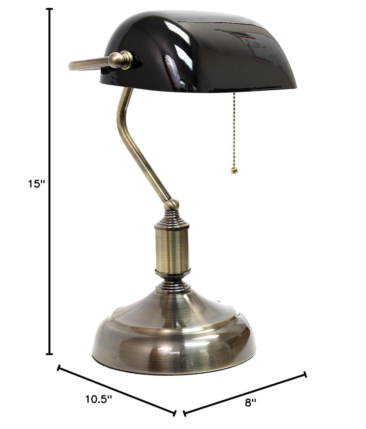 Executive Banker's Desk Lamp with Glass Shade Black - Simple Designs: ETL Listed, Metal Body, Pull Chain