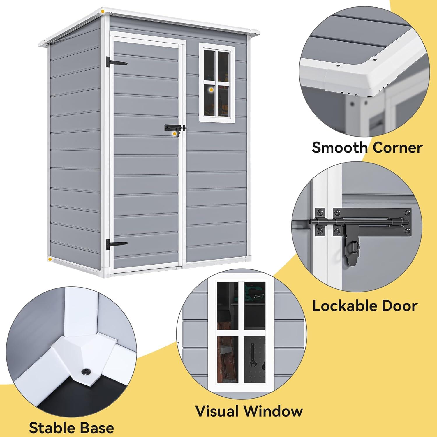 Aiho 5' x 3' Outdoor Storage Shed, Resin Storage House  with Lockable Door for Backyard , Gray