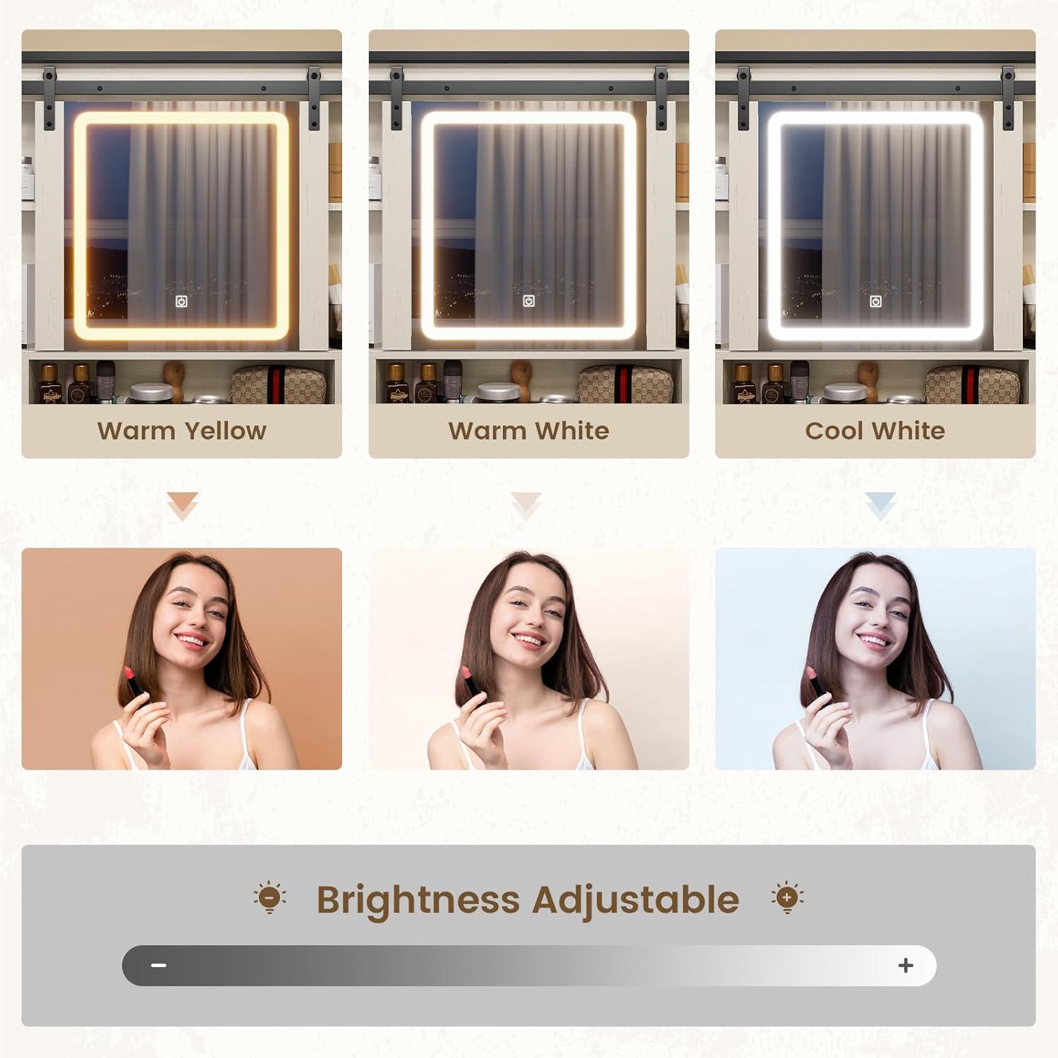 Farmhouse Makeup Vanity Desk with Sliding Lighted Mirror, Glass Top Vanity Desk with Power Outlet, Rustic Vanity Set, Antique White