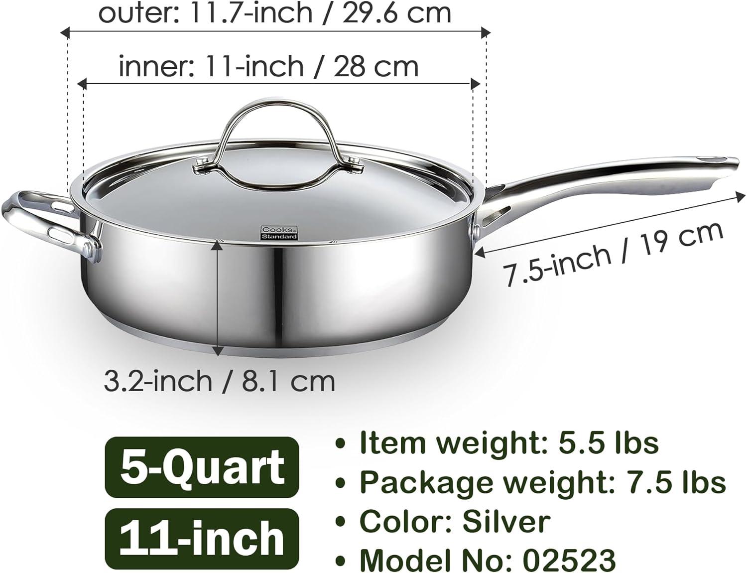 Cooks Standard Cooks Standard Classic 5 QT 11 inch Stainless Steel Saute Pan Frying Pan Skillet with Lid