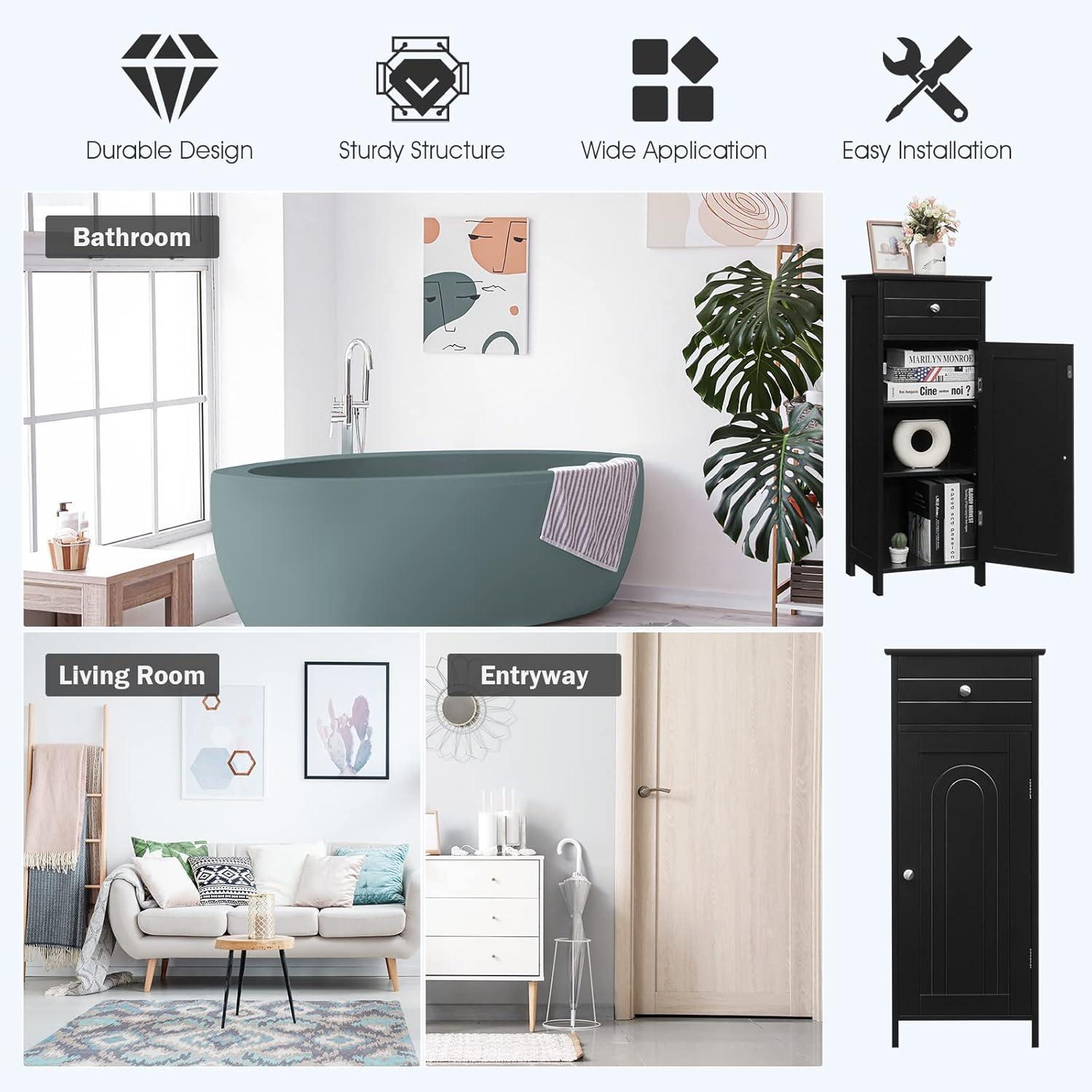 Bathroom Floor Cabinet, Standing Cabinet with Drawer and Doors, Storage Cabinet with 2 Adjustable Shelves, Brown