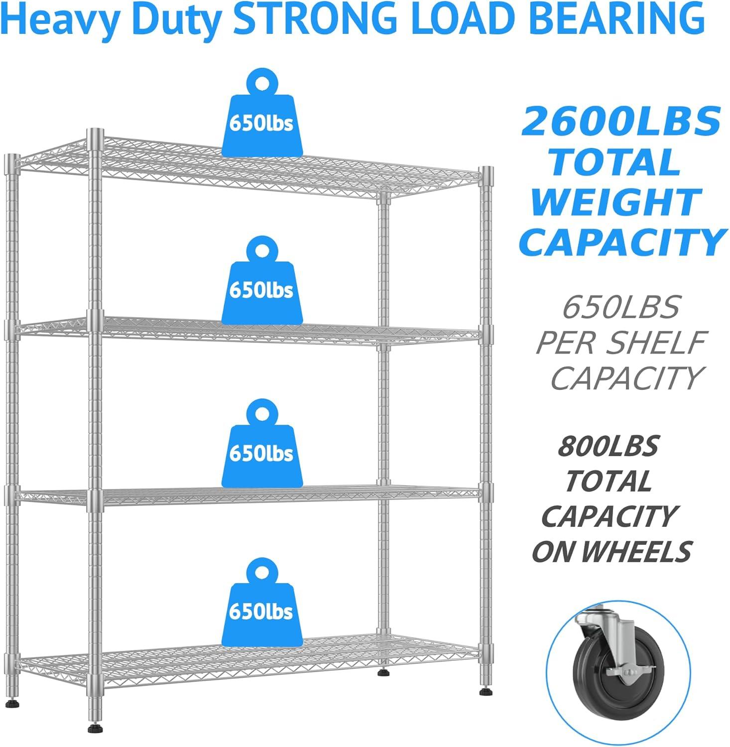 Homdox Heavy Duty Metal Shelves for Storage, 4 Tier Storage Racks and Shelving, Commercial Adjustable Wire Shelving Unit on Wheels, Garage Rack Pantry Shelves Kitchen Shelving, 24"x48"x72", Chrome