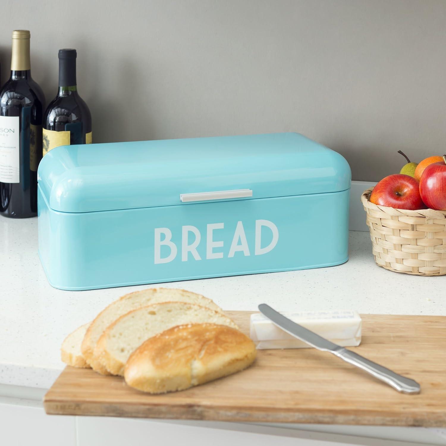 Retro Blue Powder Coated Steel Bread Box with Handle