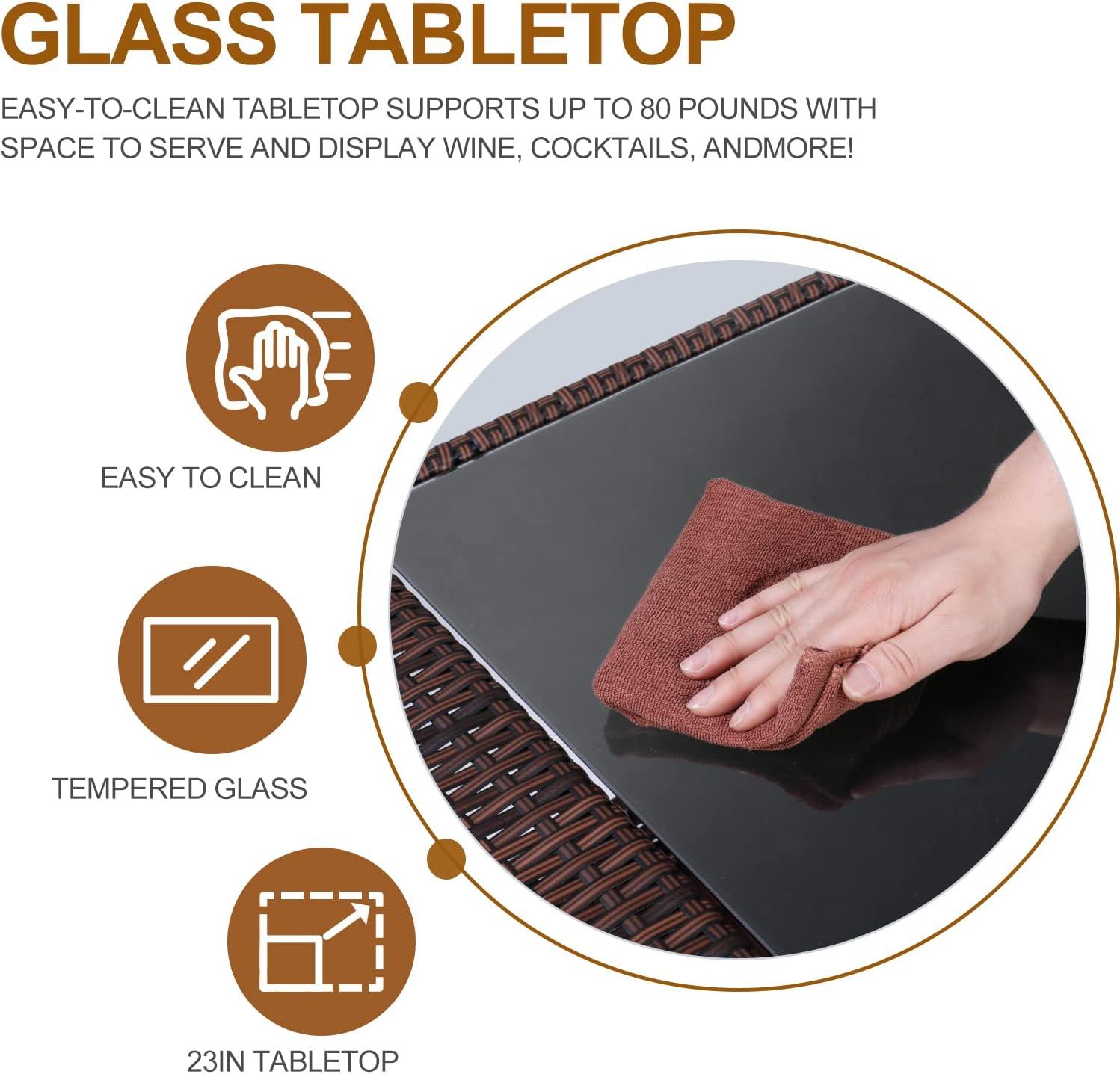 Outvita Outdoor Rolling Wicker Bar Cart, Rolling Rattan Beverage Bar Counter Table with Ample Storage Basket, Drawer and Loakable Wheels Glass Top for Patio Poolside Party