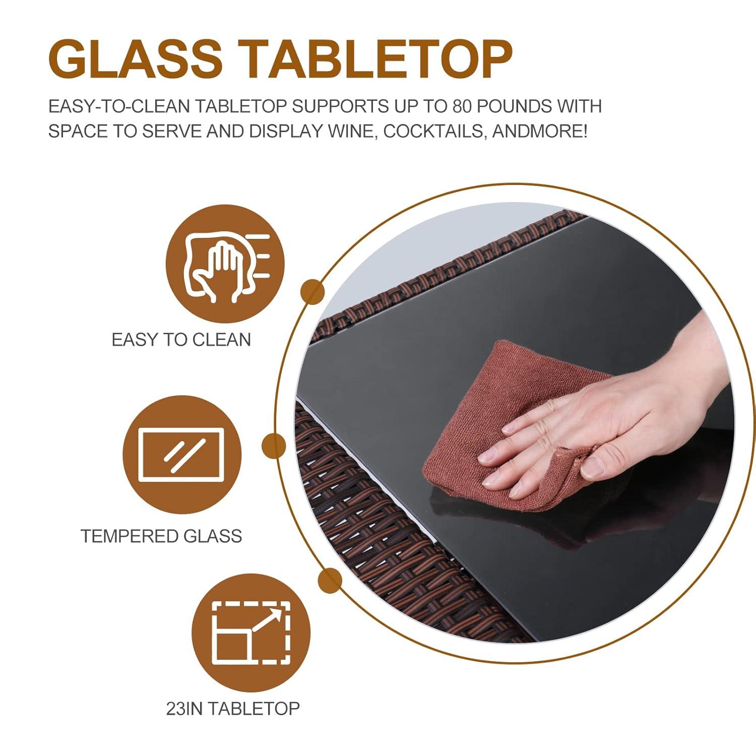 Outvita Outdoor Rolling Wicker Bar Cart, Rolling Rattan Beverage Bar Counter Table with Ample Storage Basket, Drawer and Loakable Wheels Glass Top for Patio Poolside Party