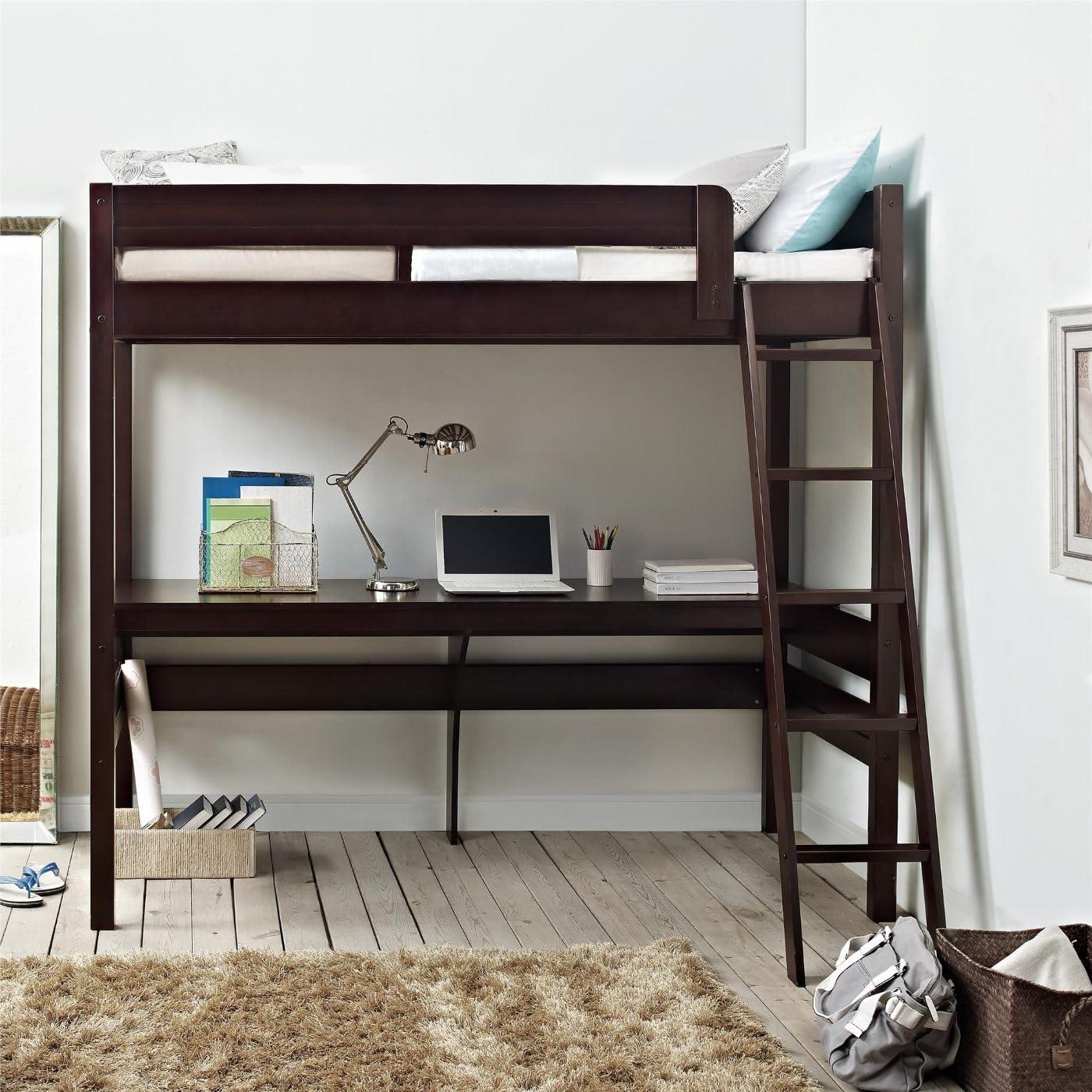 Espresso Twin Wood Loft Bed with Headboard and Slats