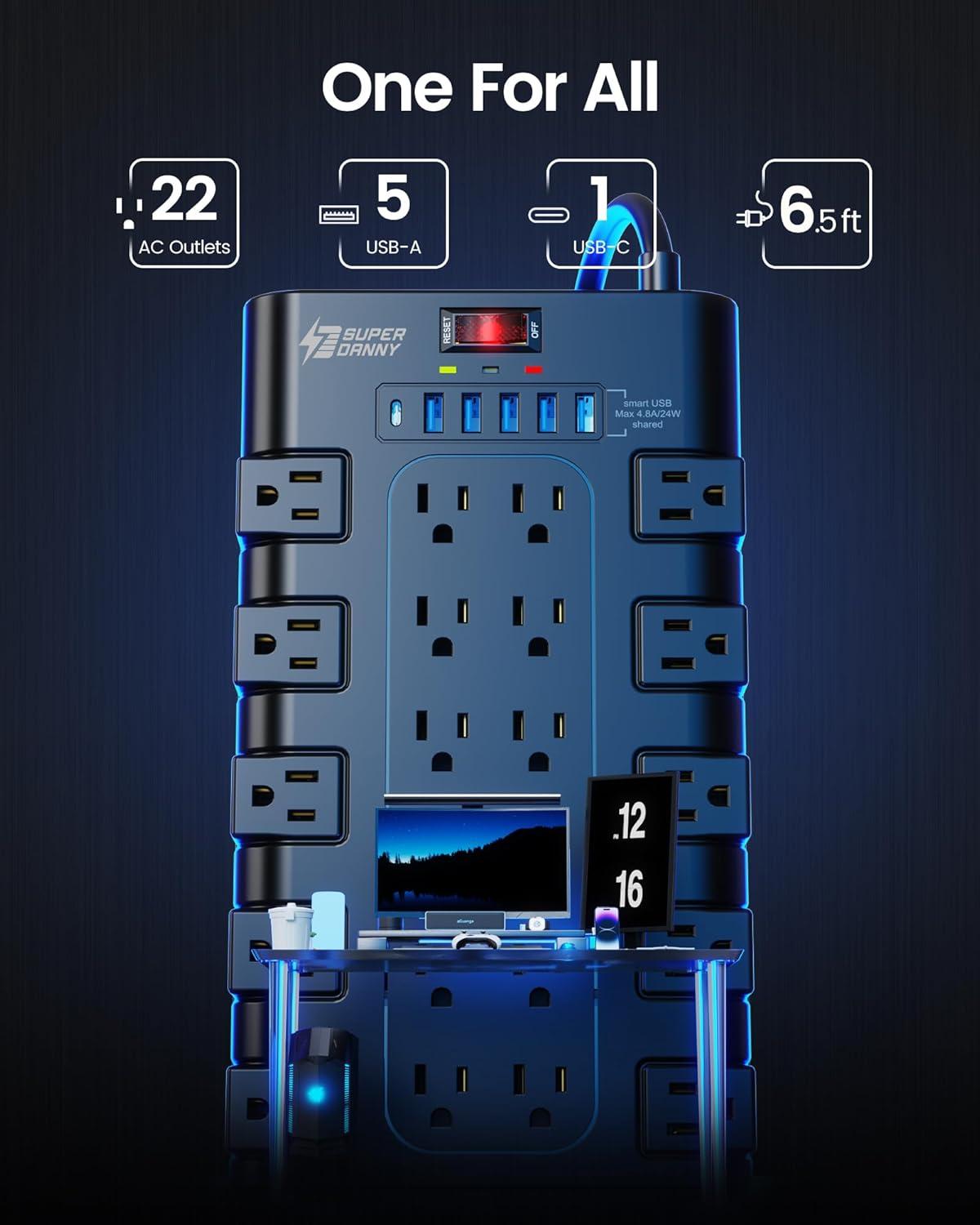 Black 28-Outlet Power Strip with USB Ports