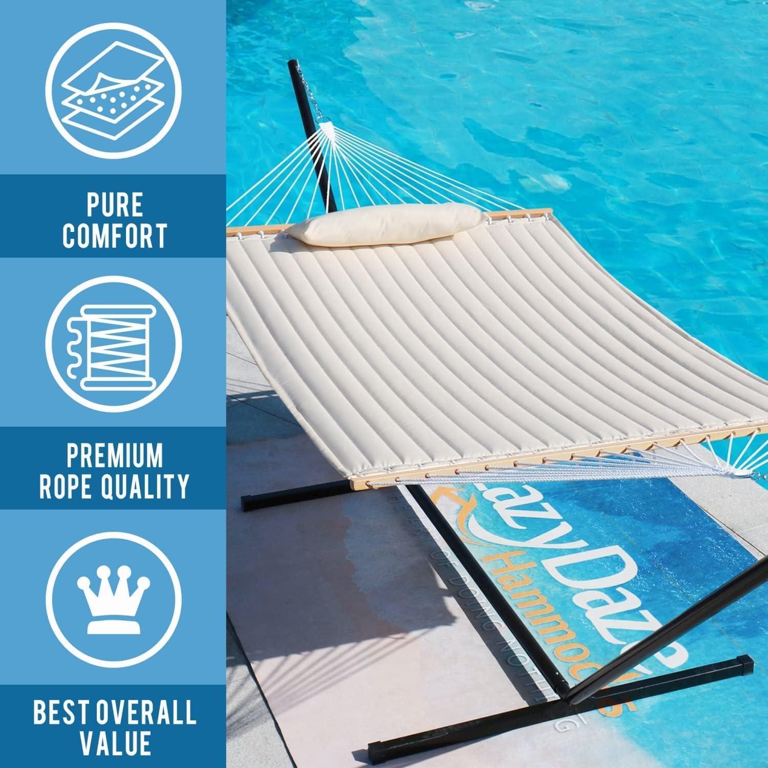 BINO Hammocks 12 FT Double Quilted Fabric Hammock With Spreader Bars And Detachable Pillow, 2 Person Hammock For Outdoor Patio Backyard Poolside, 450 LBS Weight Capacity, Natural