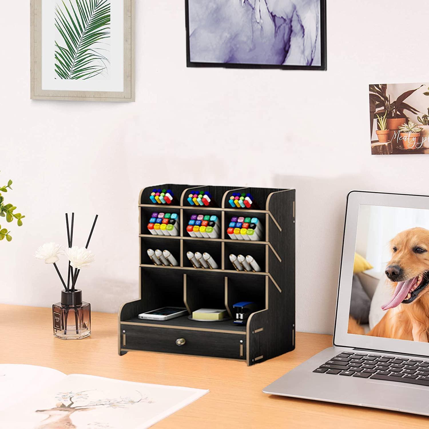 Marbrasse Wooden Desk Organizer, Multi-Functional DIY Pen Holder Box, Desktop Stationary, Home Office Supply Storage Rack with Drawer (B11-Black)