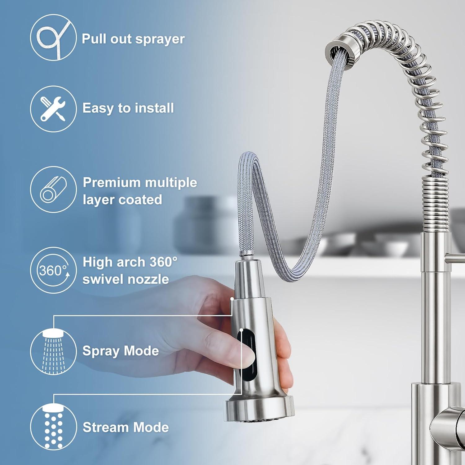 Coliware Kitchen Sink Faucet Brushed Nickel with Pull Down Sprayer, Stainless Steel Spring Kitchen High Arc Commercial Faucets with Deck Plate 1 or 3 Hole