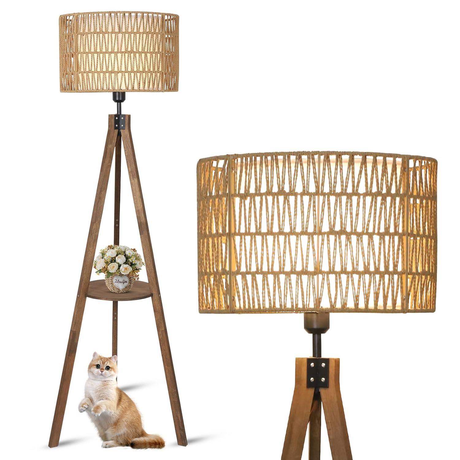 Boho Tripod Floor Lamp with Shelves, Mid Century Wood Standing Lamp with Rattan & Fabric Shades, ON/Off Foot Switch, Modern Farmhouse Tall Floor Lamps for Living Room Bedroom Office