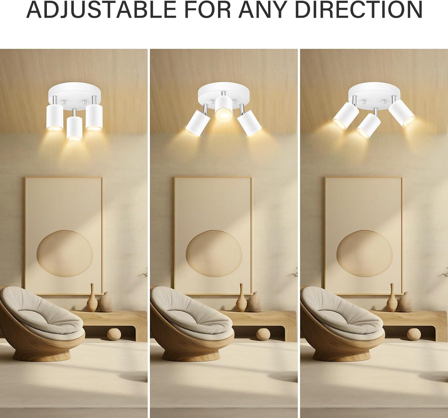 LED 3 Light Track Lighting Kit, LED Track Lighting Fixtures, White Round Ceiling Spot Lighting, Flexibly Rotatable Light Head for Kitchen, Living Room, Bedroom, GU10 Bulb Not Included