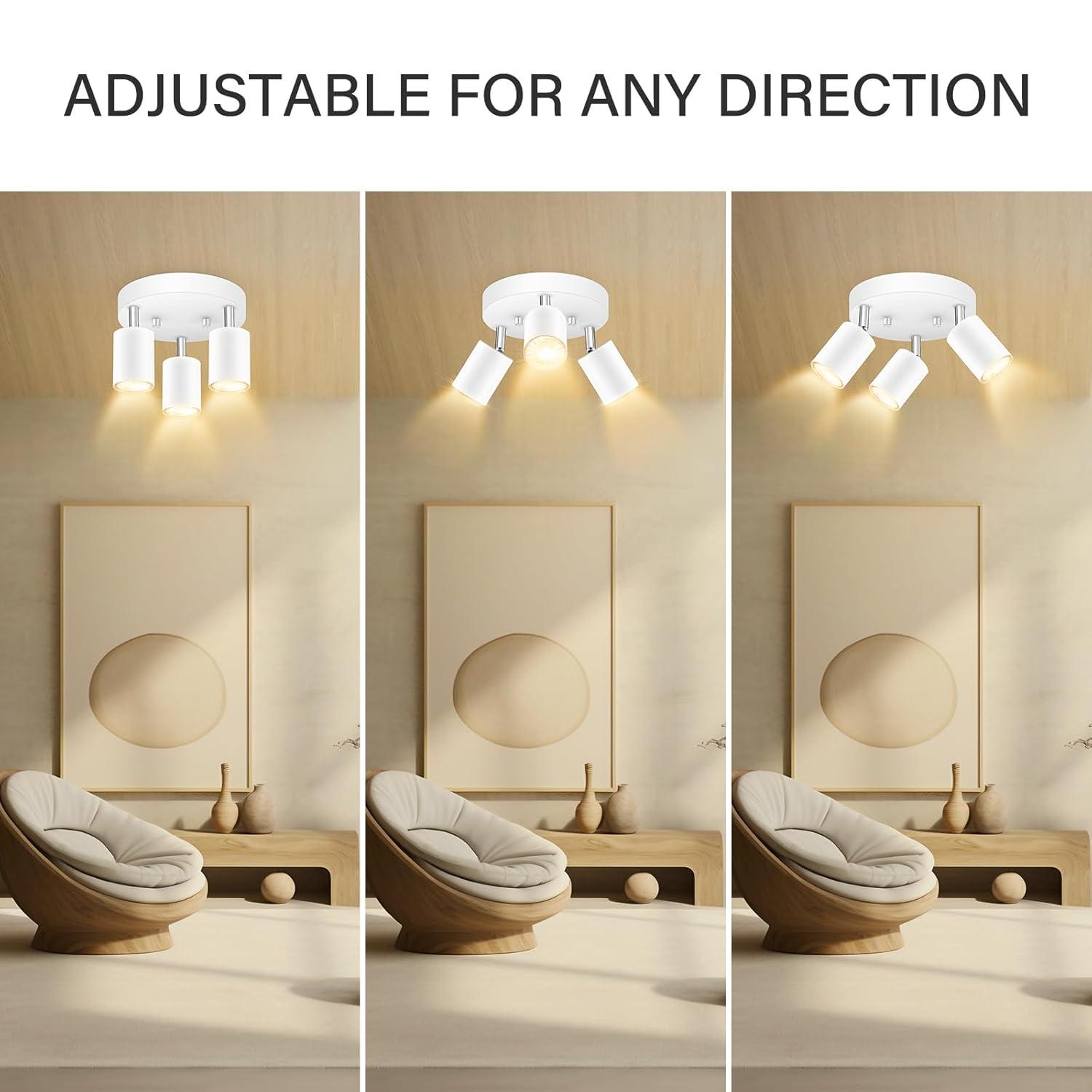 LED 3 Light Track Lighting Kit, LED Track Lighting Fixtures, White Round Ceiling Spot Lighting, Flexibly Rotatable Light Head for Kitchen, Living Room, Bedroom, GU10 Bulb Not Included