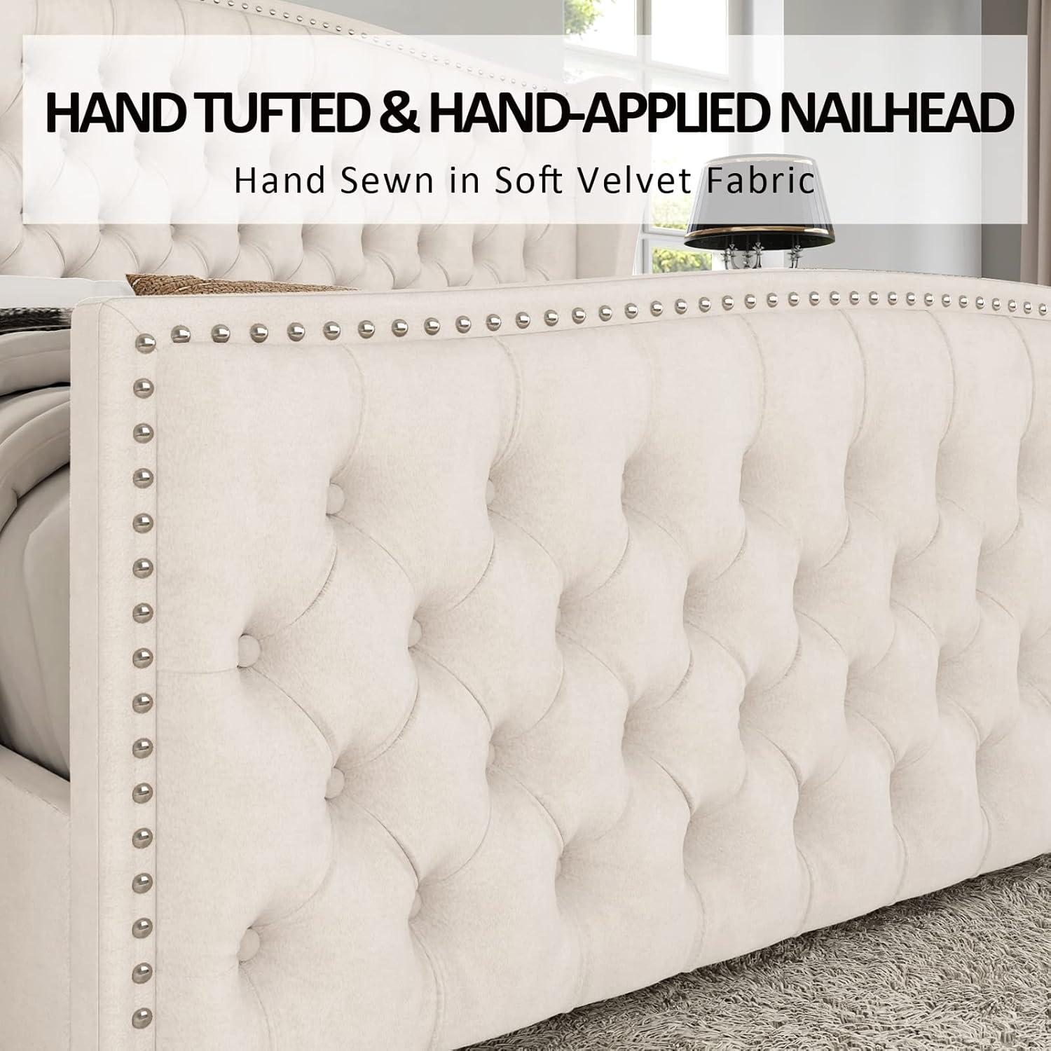 VanAcc Queen Size Platform Bed Frame, Velvet Upholstered Bed with Deep Button Tufted & Nailhead Trim Wingback Headboard/No Box Spring Needed/Cream