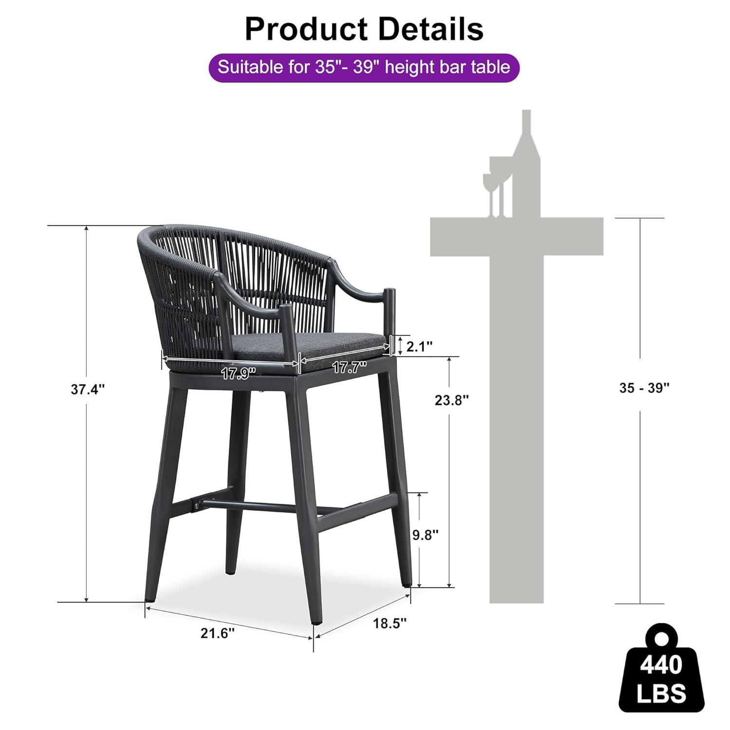 PURPLE LEAF Patio Bar Stools Set of 2 Outdoor Wicker Modern High Bar Chairs Metal Cushioned Barstools with Backs and Ergonomic Armrest for Balcony Garden Indoor Kitchen Island, Gray