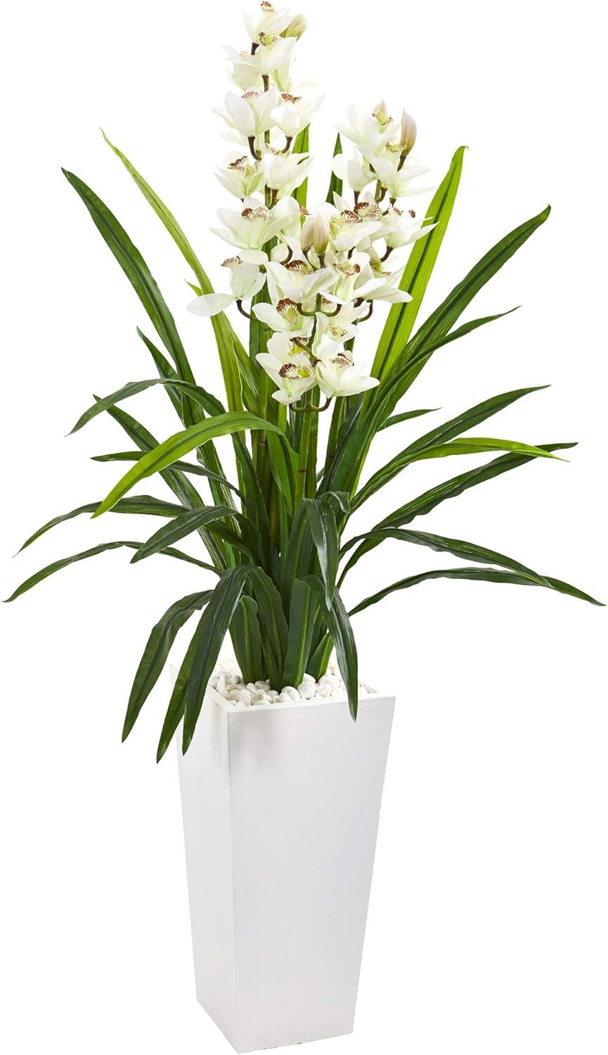 Elegant Lifelike Cymbidium Orchid in White Tower Planter, 58"