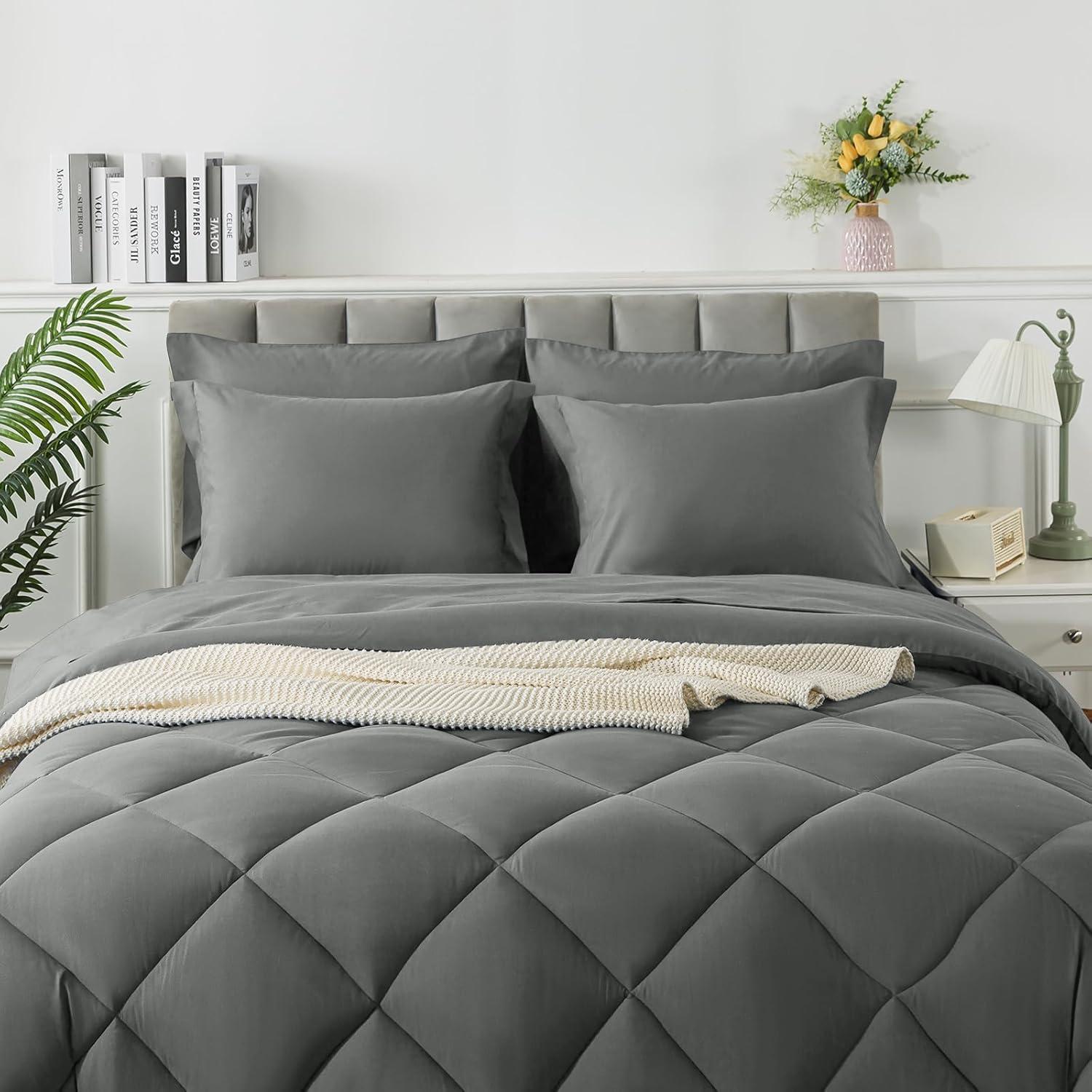 Cozy Comfort Queen Bedding Comforter Set - 7 Pieces Solid Grey Bed in a Bag Queen, Bed Set Queen with Quilted Fluffy Comforters, Sheets, Pillowcases & Shams