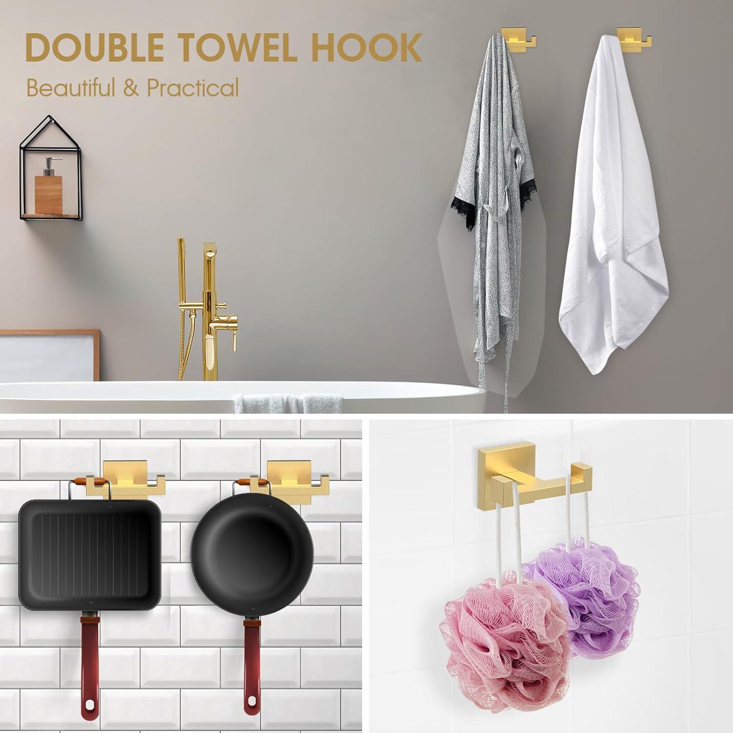 5 Pieces Brushed Gold Bathroom Hardware Accessories Set,Stainless Steel Square 23.6 "+16" Double Hand Towel Bar Set Gold,Towel Rack Set Gold Wall Mounted