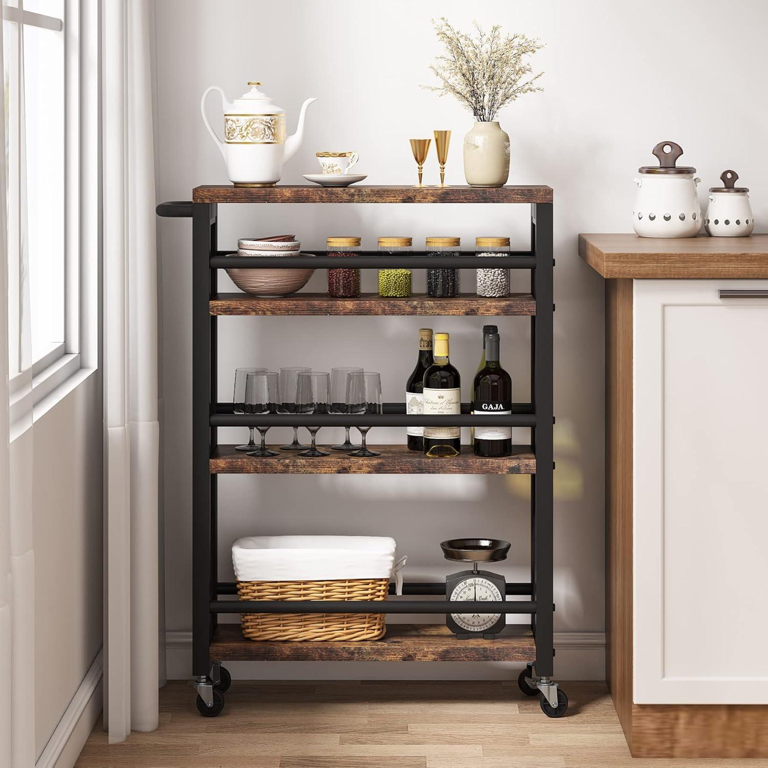 Tribesigns Slim Kitchen Cart,4 Tiers Storage Rolling Cart,Narrow Serving Trolley Cart on Wheels,Utility Cart with Handle for Small Space,Wood Cart with Wheels for Kitchen,Brown