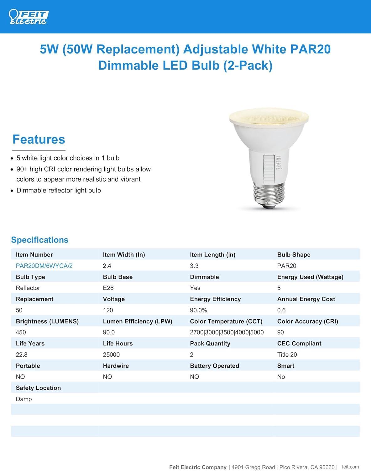 Adjustable White Dimmable LED PAR20 Flood Light Bulb 2-Pack