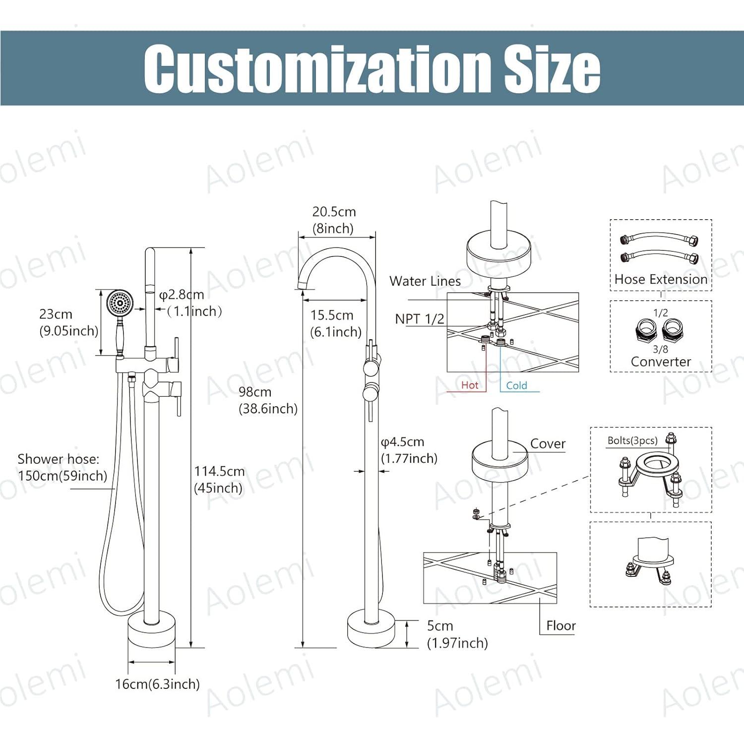 Aolemi Floor Mount Bathtub Faucet Freestanding Tub Filler Standing High Flow Shower Faucets with Ceramic Handheld Brushed Nickel