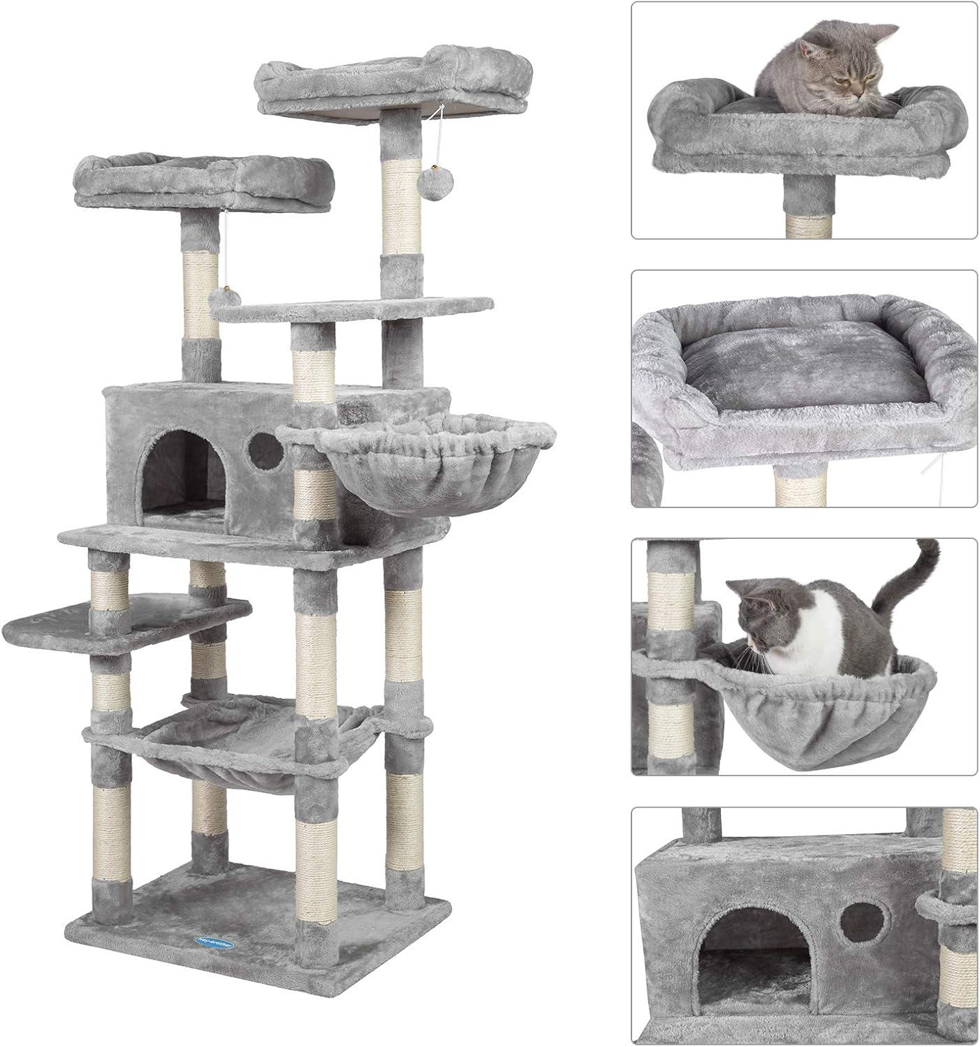 Hey-brother Cat Tree for Large Cats, Cat Tower with Scratching Posts, 2 Padded Plush Perches, Big Condo and Cozy Basket, Smoky Gray MPJ025G