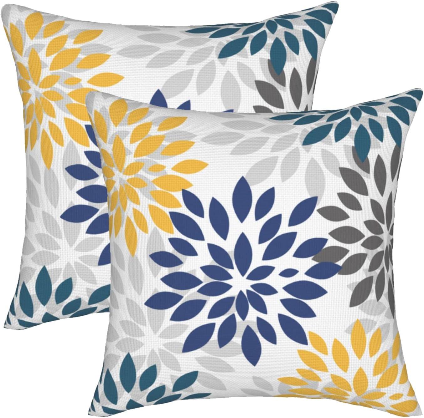 Navy and Yellow Floral Cotton Euro Pillow Covers 18x18 Set of 2